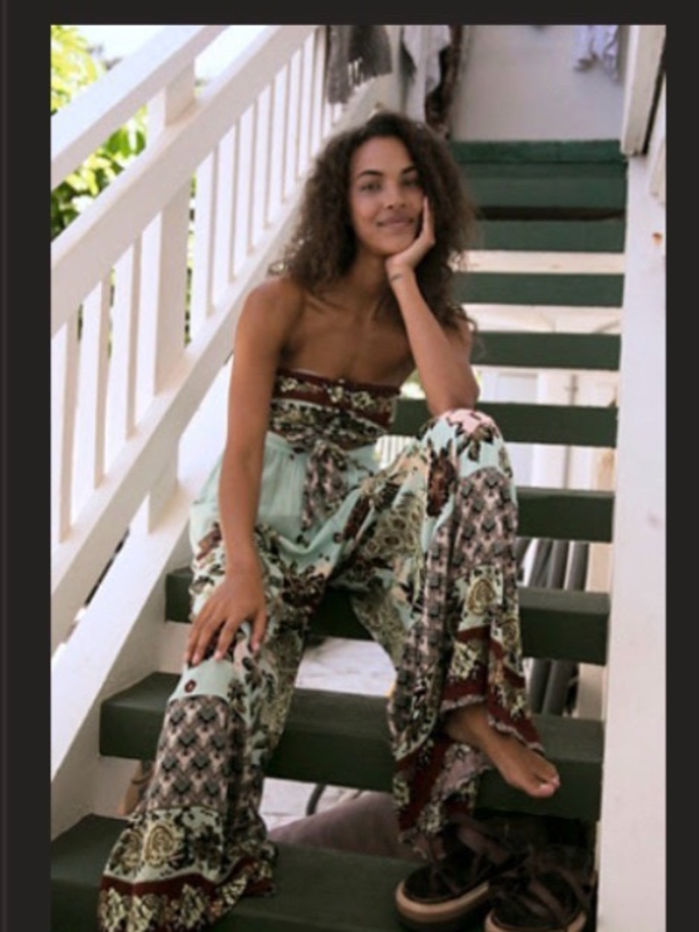 Free People Birds of Paradise Strapless Printed Jumpsuit in Mint and Burgundy